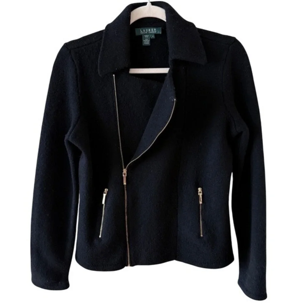 Lauren Ralph Lauren Moto Jacket Lambswool Black Gold Zip Collared Women's S